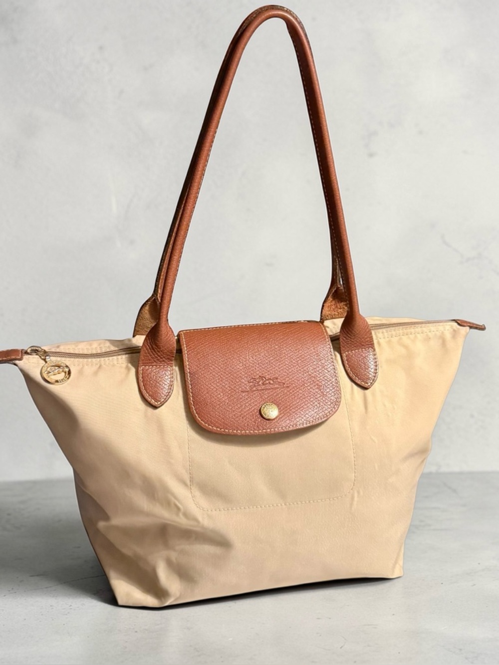 Longchamp Beige Nylon Shoulder Tote with Brown Leather Trim